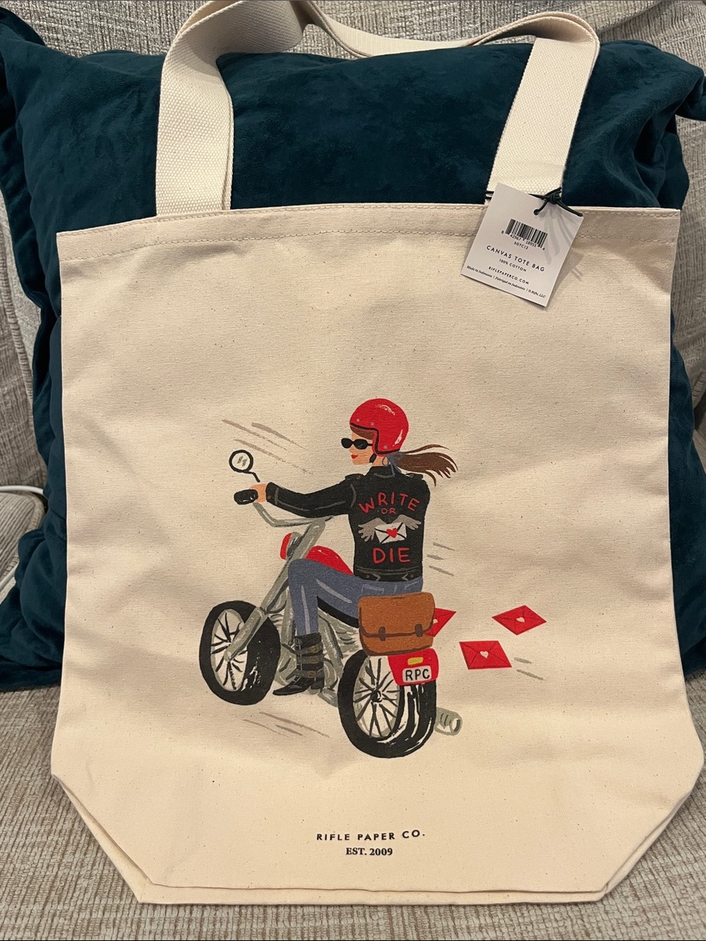 Rifle Paper Co. Canvas Tote — Cream with Red & Black Motorcycle